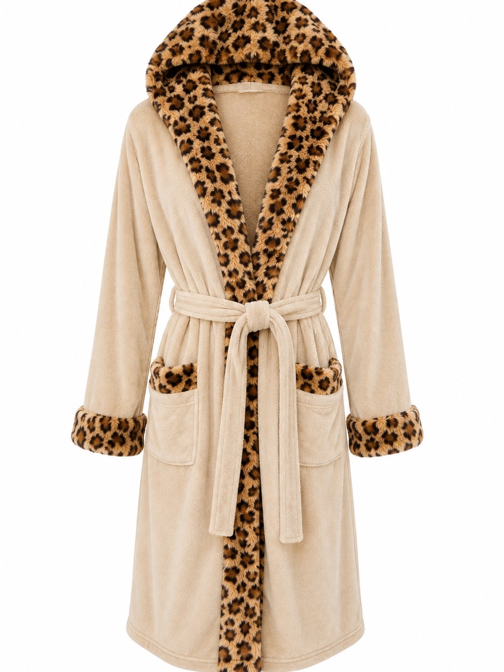 Potterybarn Plush Hooded Leopard-Trim Robe - Beige